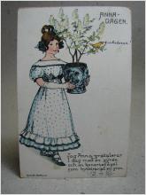 Antikt Vykort - Anna-Dagen - Flicka med blommor 1913 - Signe Aspelin