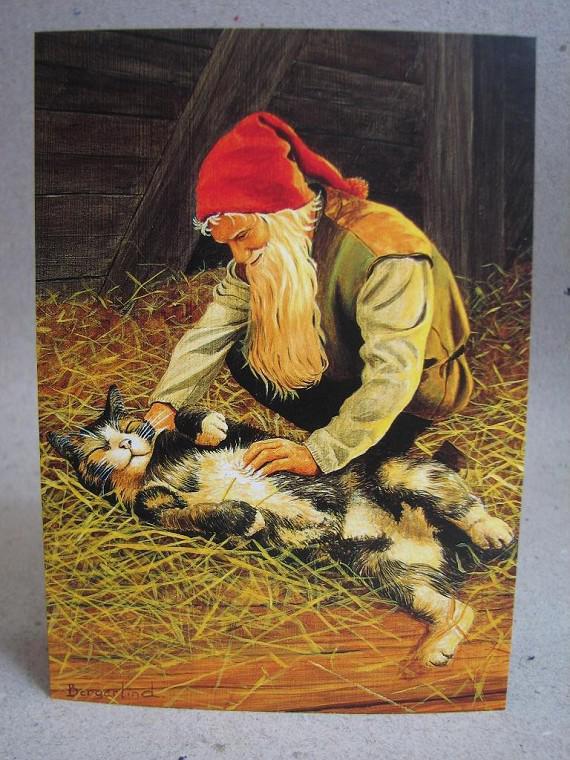 Vykort - Julkort med Katt o Tomte - Jan Bergelind