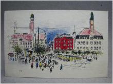 Signerat tecknat Vykort - Raadhuspladsen Köbenhavn 1956