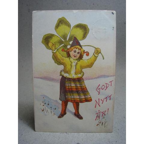 Antikt Brefkort Godt Nytt År Flicka med fyrklöver 1910