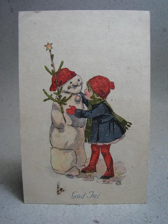 Antikt Vykort God Jul på dig Snögubbe 1921
