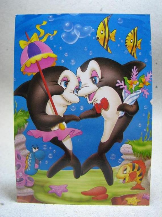 Oskrivet Fint Tecknat vykort Förälskade Delfiner