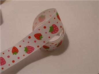 Dekorband, vitt med jordgubbar 1 meter ca 2,2 cm brett