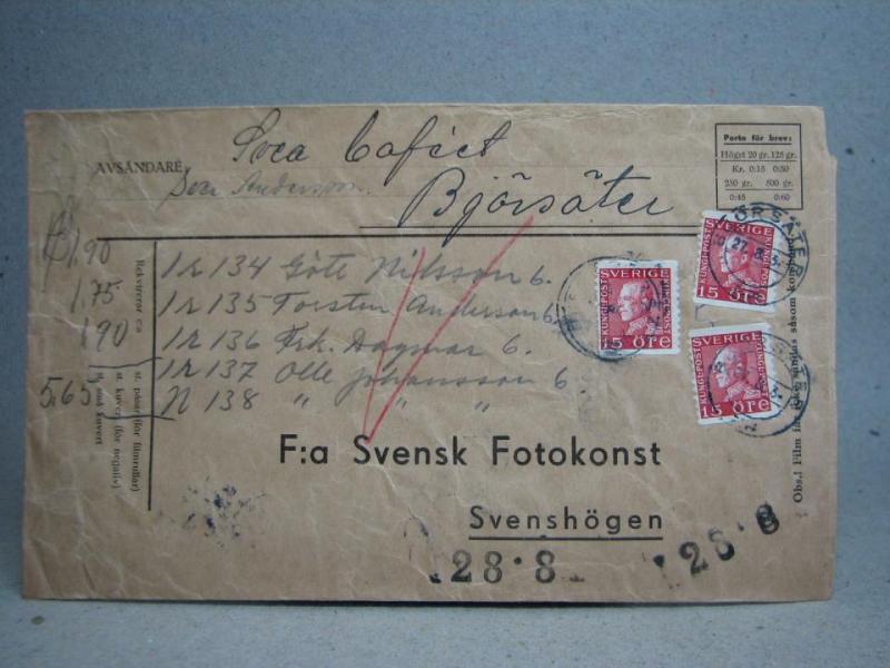 Försändelse med stämplade frimärken - Björsäter 27/8 1934