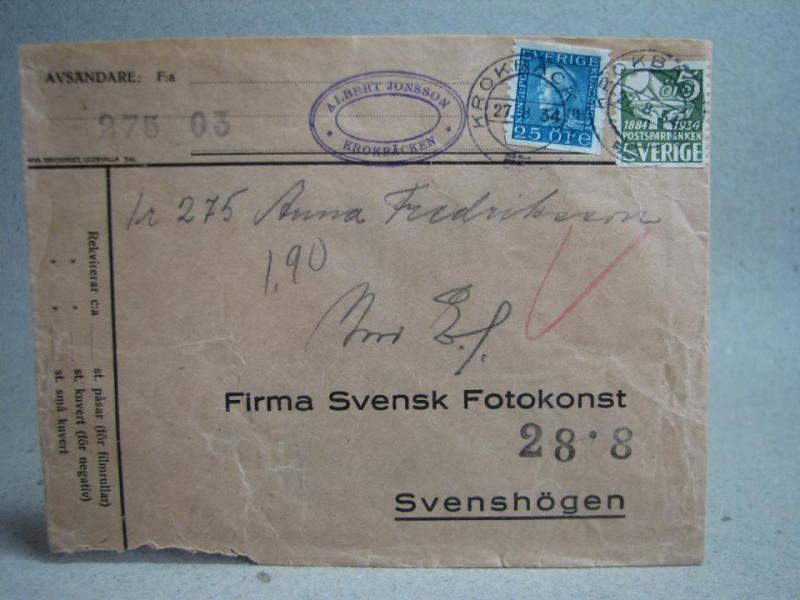 Försändelse med stämplade frimärken - Krokbäcken 27/8 1934