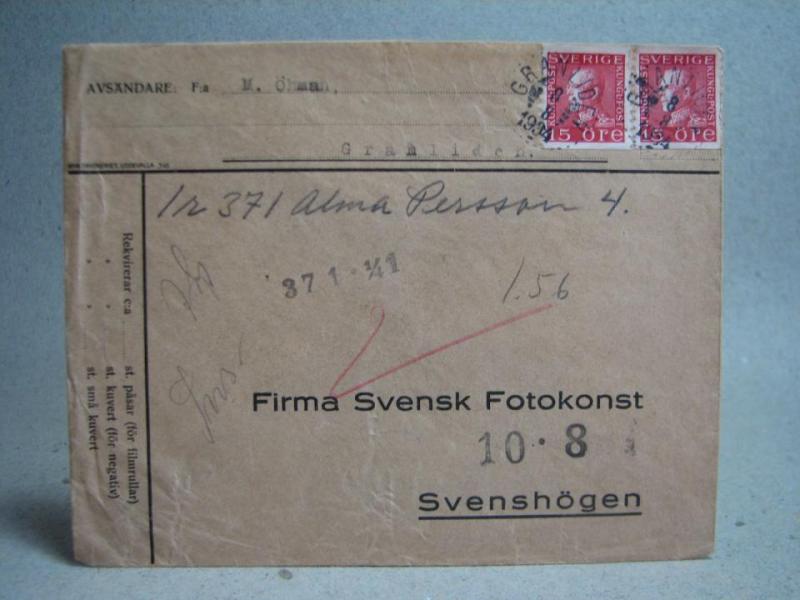 Försändelse med stämplade frimärken - Granliden 8/8 1934