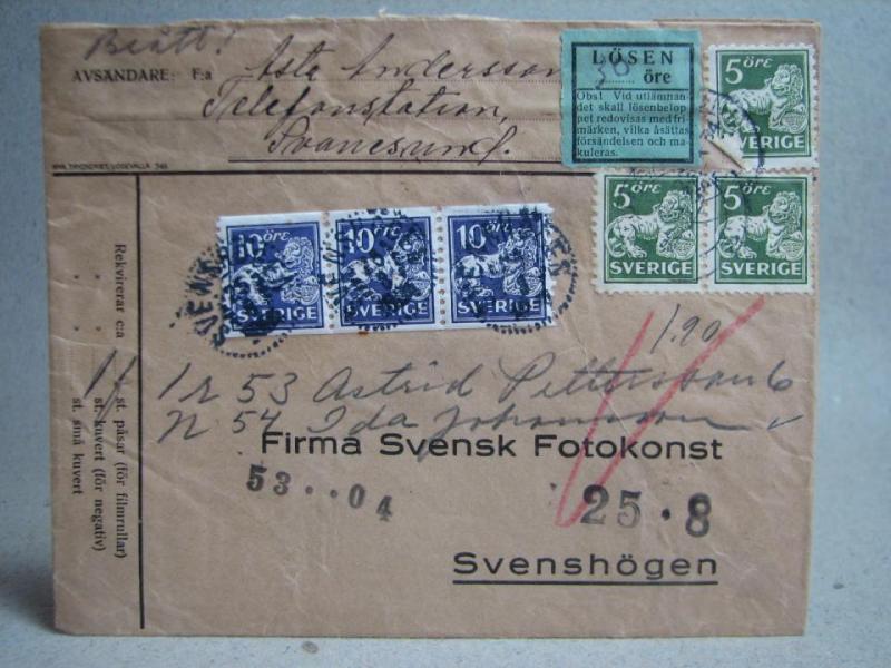 Försändelse med stämplade frimärken - Svanungsud 23/8 1934 och Svenshögen 25/8 1934