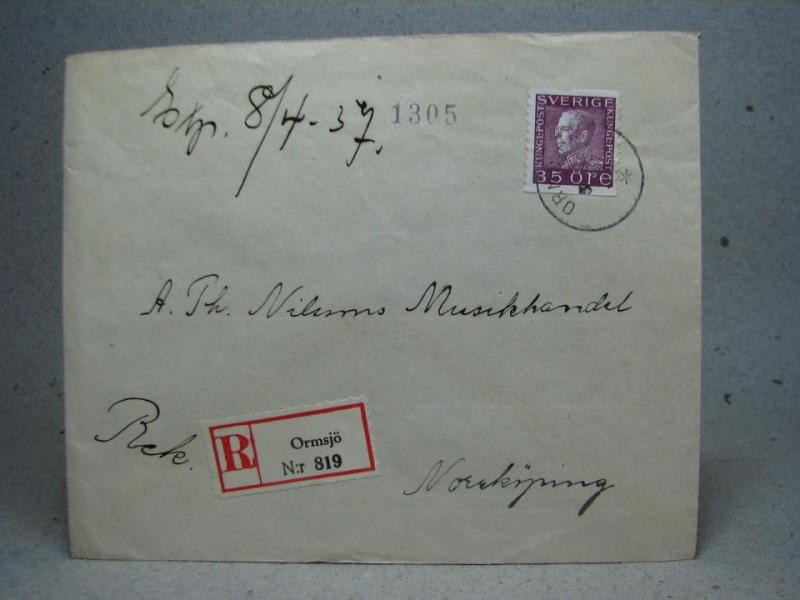 Försändelse med stämplat frimärke - R-Märke Ormsjö 819 -  5/4 1937
