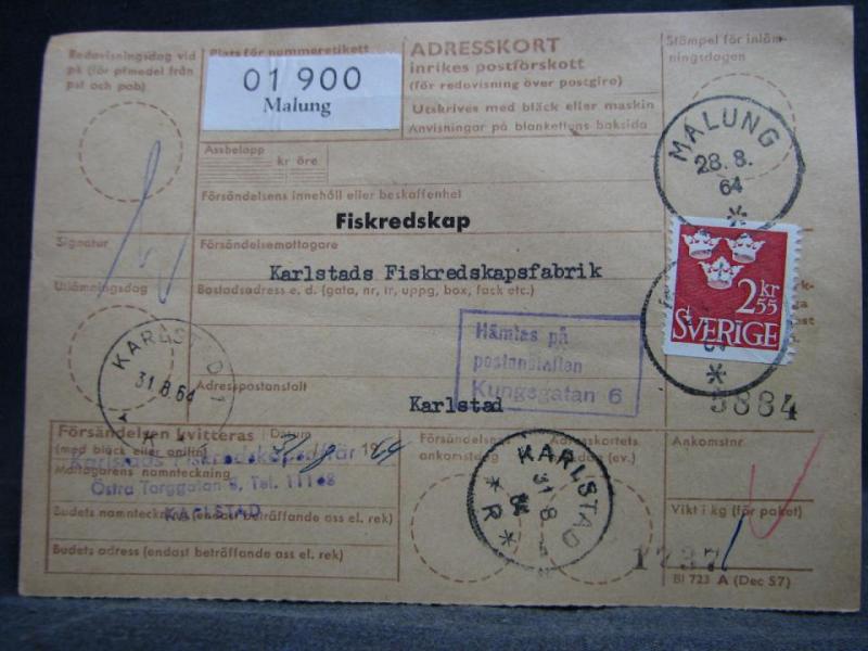 Adresskort med stämplade frimärken - 1964 - Malung till Karlstad