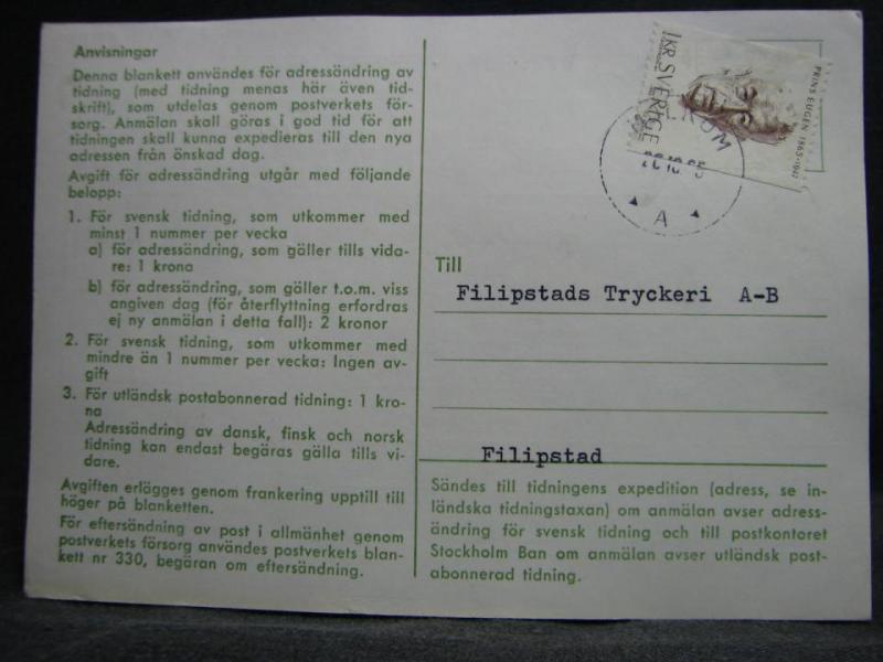 Adressändringskort med stämplade frimärken - 1965 - Molkom