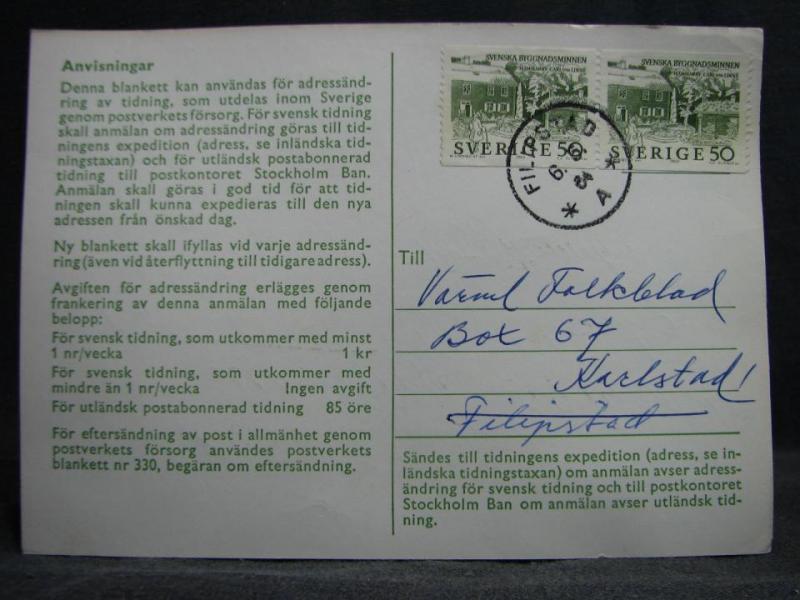 Adressändringskort med stämplade frimärken - 1964 - Filipstad