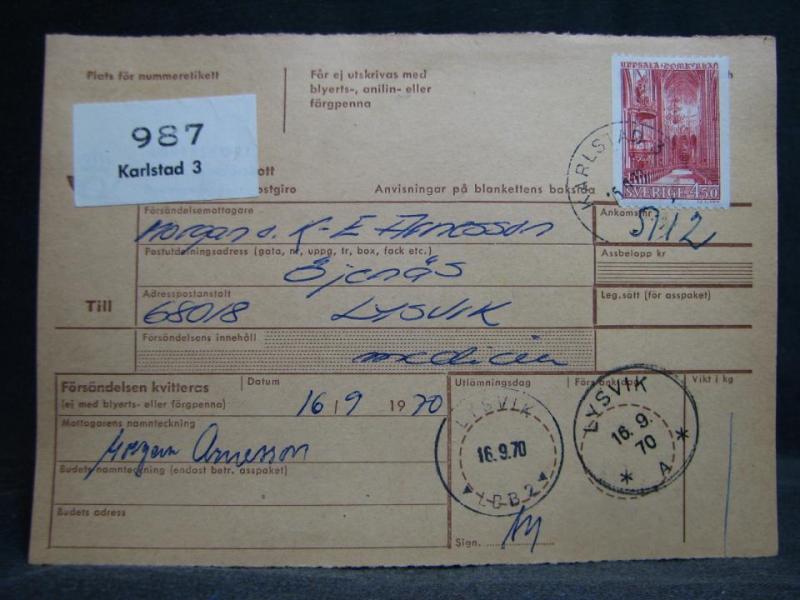 Adresskort med stämplade frimärken - 1970 - Karlstad till Lysvik