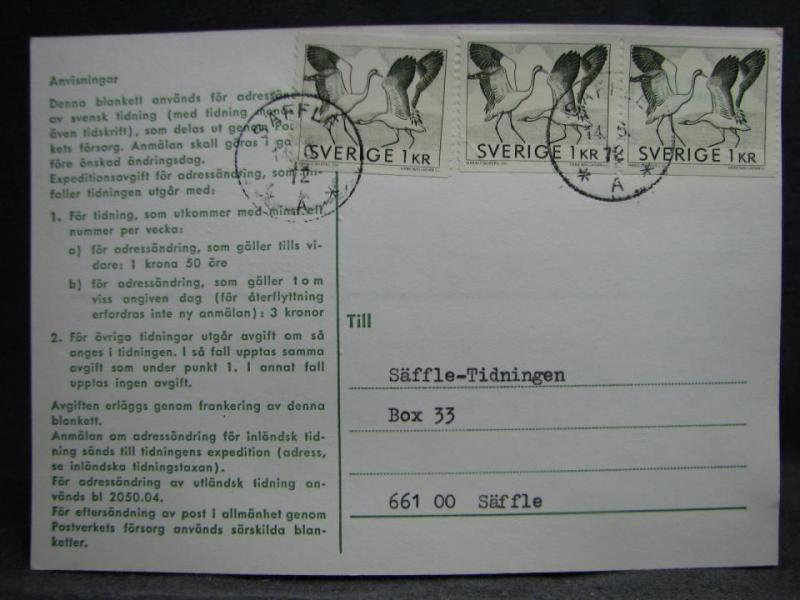 Adressndringskort med stämplade frimärken - 1972 - Säffle