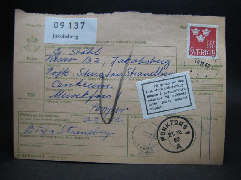 Adresskort med stämplade frimärken - 1962 - Jakobsberg till Munkfors