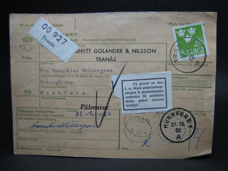 Adresskort med stämplade frimärken - 1962 - Tranås till Munkfors