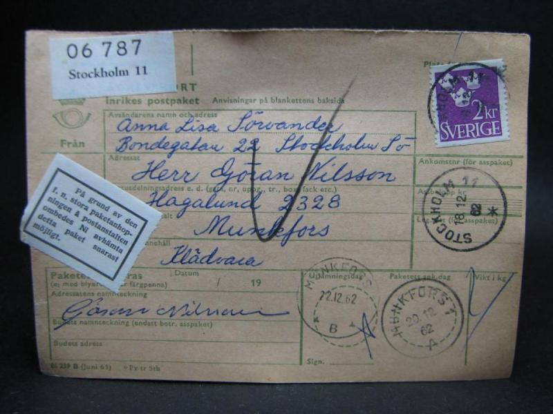 Adresskort med stämplade frimärken - 1962 - Stockholm till Munkfors