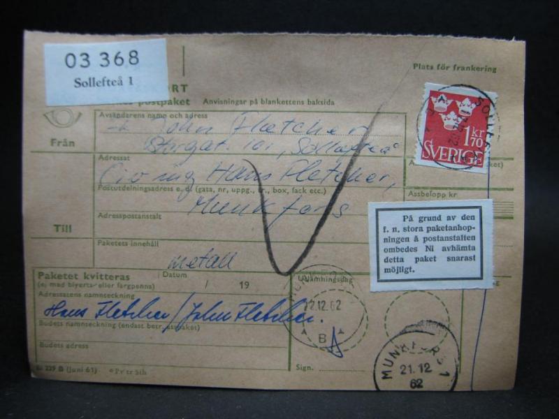 Adresskort med stämplade frimärken - 1962 - Sollefteå till Munkfors