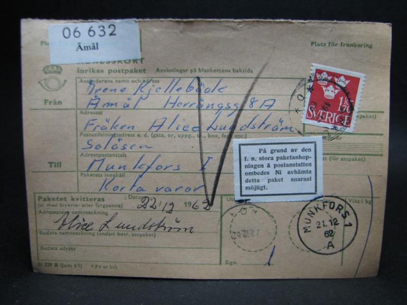Adresskort med stämplade frimärken - 1962 - Åmål till Munkfors