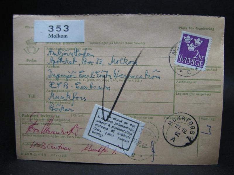 Adresskort med stämplade frimärken - 1962 - Molkom till Munkfors