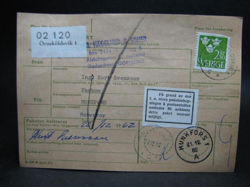 Adresskort med stämplade frimärken - 1962 - Örnsköldsvik till Munkfors