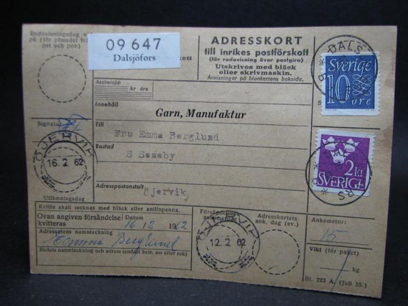 Adresskort med stämplade frimärken - 1962 - Dalsjöfors till Öjervik
