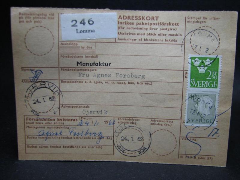 Adresskort med stämplade frimärken - 1962 - Lomma till Öjervik