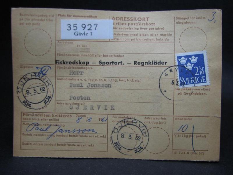 Adresskort med stämplade frimärken - 1962 - Gävle till Öjervik