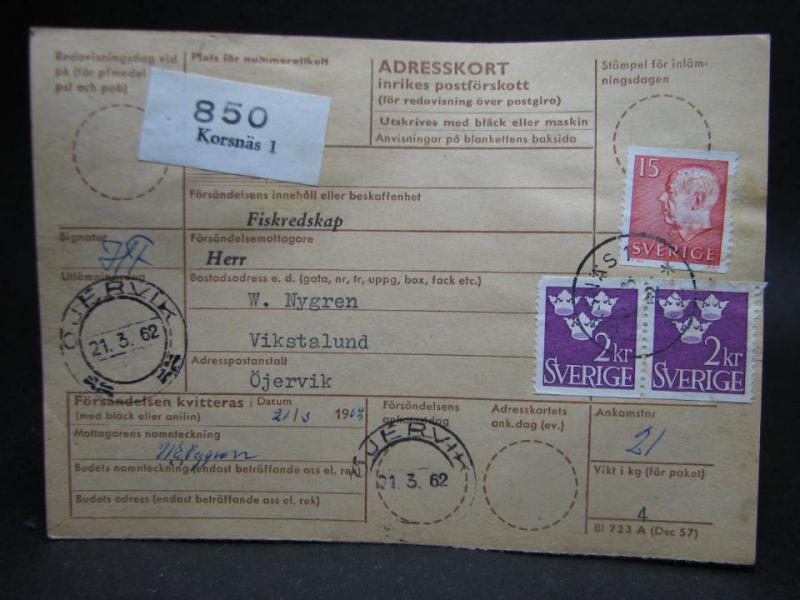 Adresskort med stämplade frimärken - 1962 - Korsnäs till Öjervik