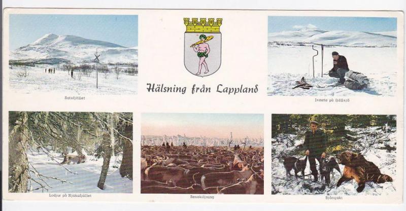 Oskrivet flerbilds-vykort med Hälsning från Lappland
