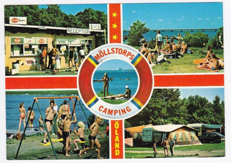 Skrivet och postgånget flerbilds-vykort med motiv från Möllstorps Camping Öland.