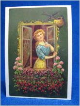 Tecknat Vykort - Flicka i fönstret med blommor
