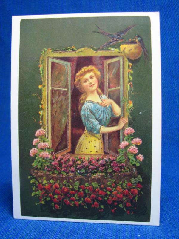 Tecknat Vykort - Flicka i fönstret med blommor