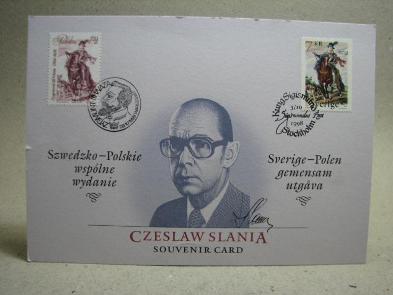 Souvenirkort Sverige-Polen Czeslaw Slania 1998 - 2 fint Stämplade frimärken