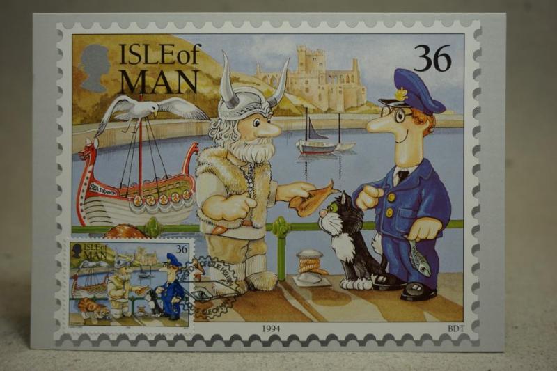 Isle of Man - Stämplat 36 P frimärke 14/9 1994 - Fint vykort med katt och postman