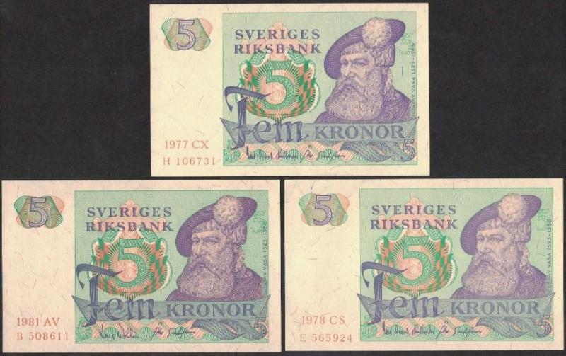Sverige - sedlar : 3 st 5 kr 1977, 1978, 1981 - ovikta