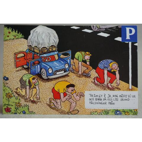 Trångt i Bilen på semestern Oskrivet Äldre vykort Humor