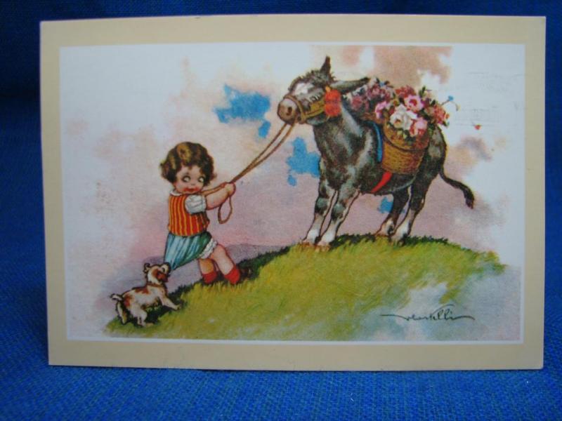  Tecknat vykort - Old fashion 30 - Barn åsna hund