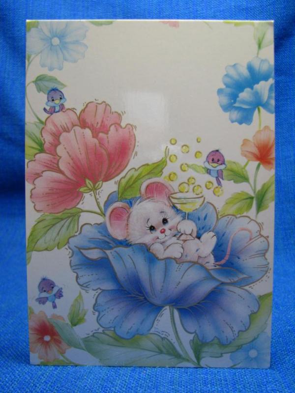 Vykort oskrivet - Blommor med söt mus