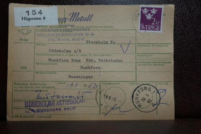 Frimärke  på adresskort - stämplat 1963 - Hägersten 8 - Munkfors