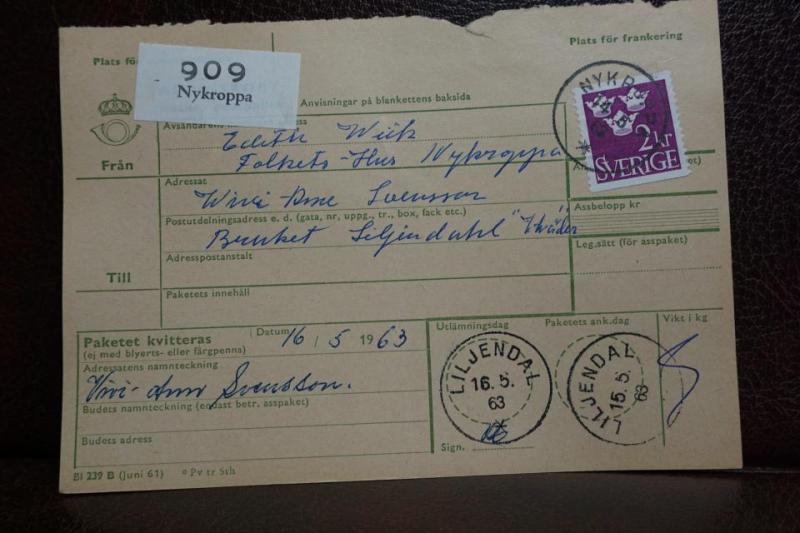 Frimärke  på adresskort - stämplat 1963 - Nykroppa - Liljendal