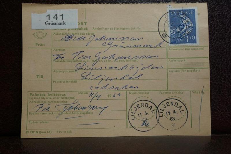 Frimärke  på adresskort - stämplat 1963 - Gräsmark - Liljendal