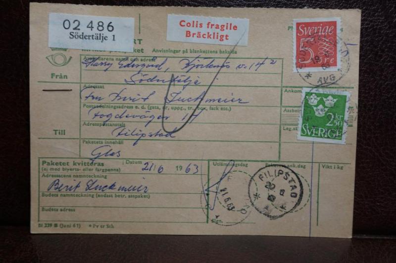 Bräckligt + Frimärken  på adresskort - stämplat 1963 - Södertälje 1 - Filipstad 
