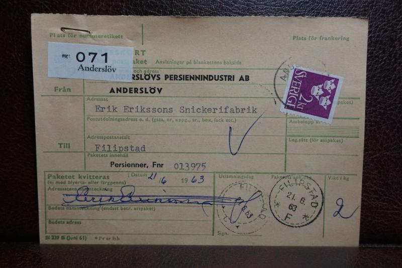 Frimärke  på adresskort - stämplat 1963 - Anderslöv - Filipstad 