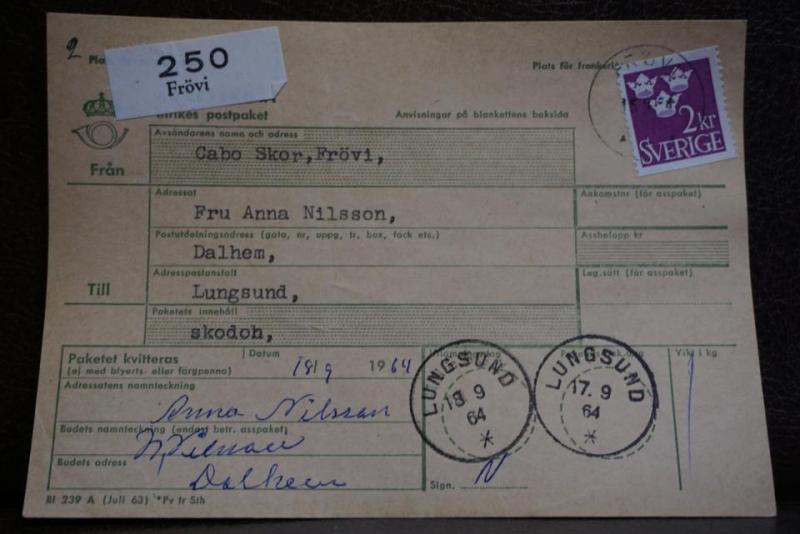Frimärke  på adresskort - stämplat 1964 -  Frövi - Lungsund 