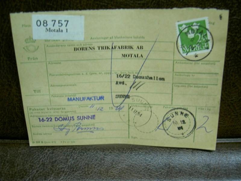 Paketavi med stämplade frimärken - 1964 - Motala 1 till Sunne