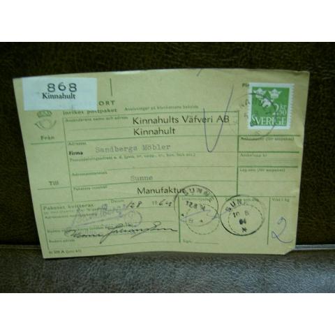 Paketavi med stämplade frimärken - 1964 - Kinnahult till Sunne