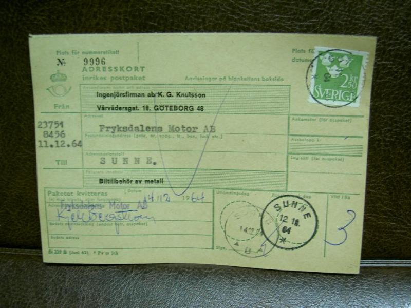 Paketavi med stämplade frimärken - 1964 - Göteborg till Sunne