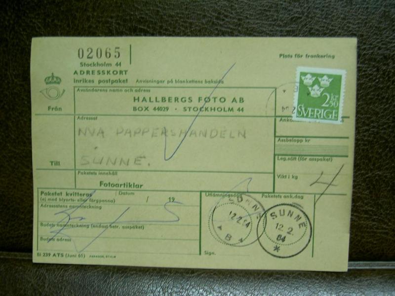 Paketavi med stämplade frimärken - 1964 - Stockholm 44 till Sunne