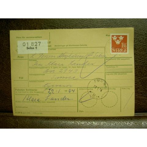 Paketavi med stämplade frimärken - 1964 - Solna 4 till Sunne 
