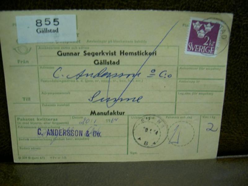 Paketavi med stämplade frimärken - 1964 - Gällstad till Sunne 